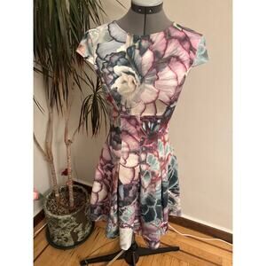 Ted Baker London Floral Scuba Skater Dress Pink Teal Rose Gold Zip